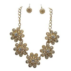 Gold Tone Flower Necklace Matching Crystal Ball Earrings Set